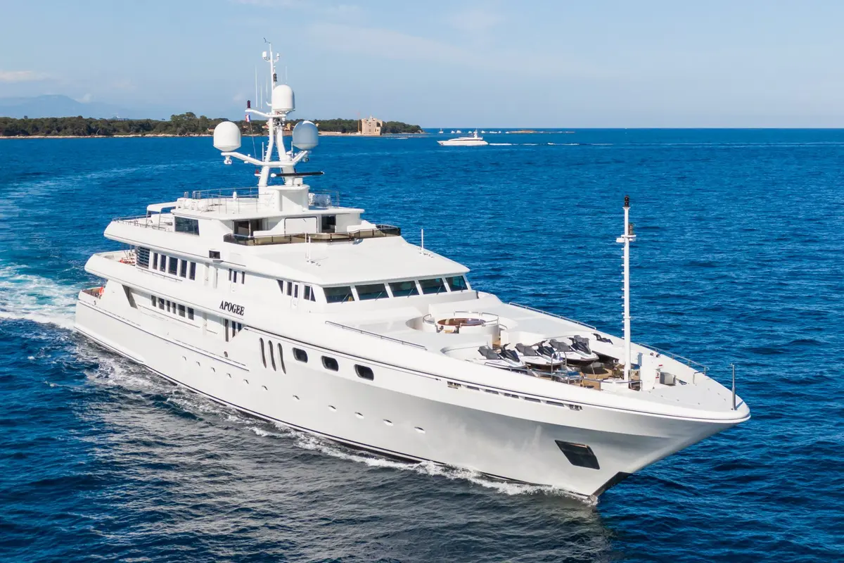 Apogee, exterior — Mallorca Yachst Hire, Mallorca. 62 metres of deck beneath Formentor's cliffside anchorage