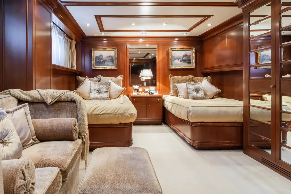 Apogee, main deck — Mallorca Yachst Hire, Mallorca. 62 metres of deck beneath Formentor's cliffside anchorage