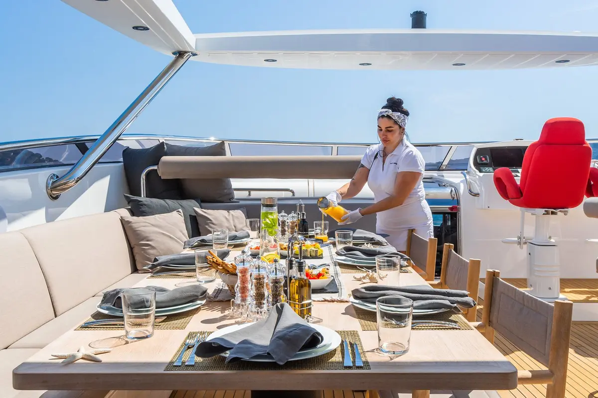 Cranchi A46, aft deck — Mallorca Yachst Hire, Mallorca. Sleek day runs to Illetes before sunset