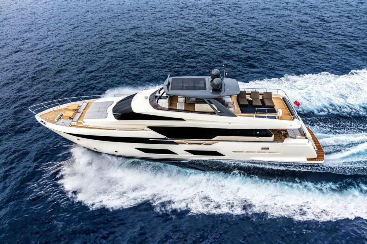 Ferretti 920, exterior — Mallorca Yachst Hire, Mallorca. 28 Metres of Flybridge Calm Toward Formentor's Cliffs