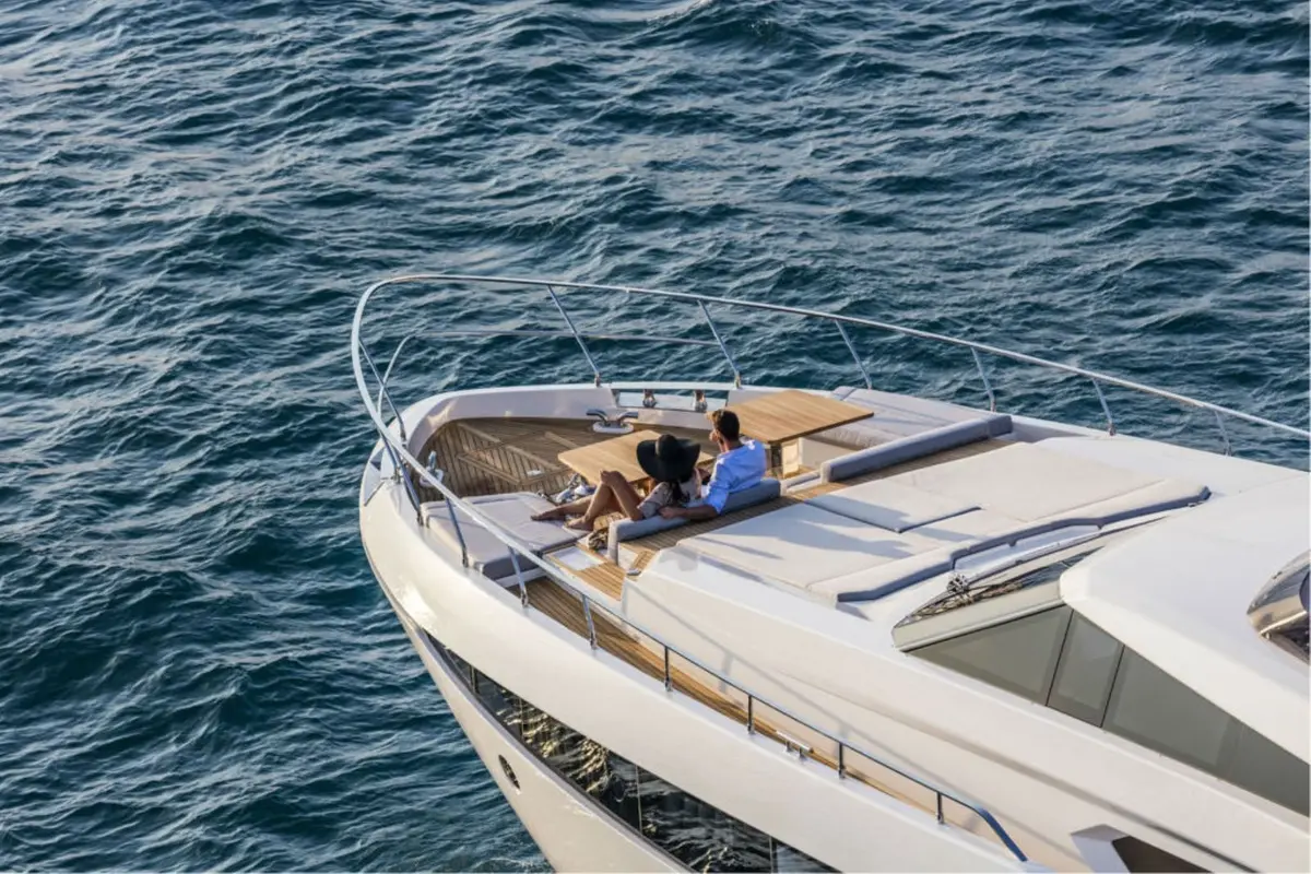 Ferretti 920, aft deck — Mallorca Yachst Hire, Mallorca. 28 Metres of Flybridge Calm Toward Formentor's Cliffs