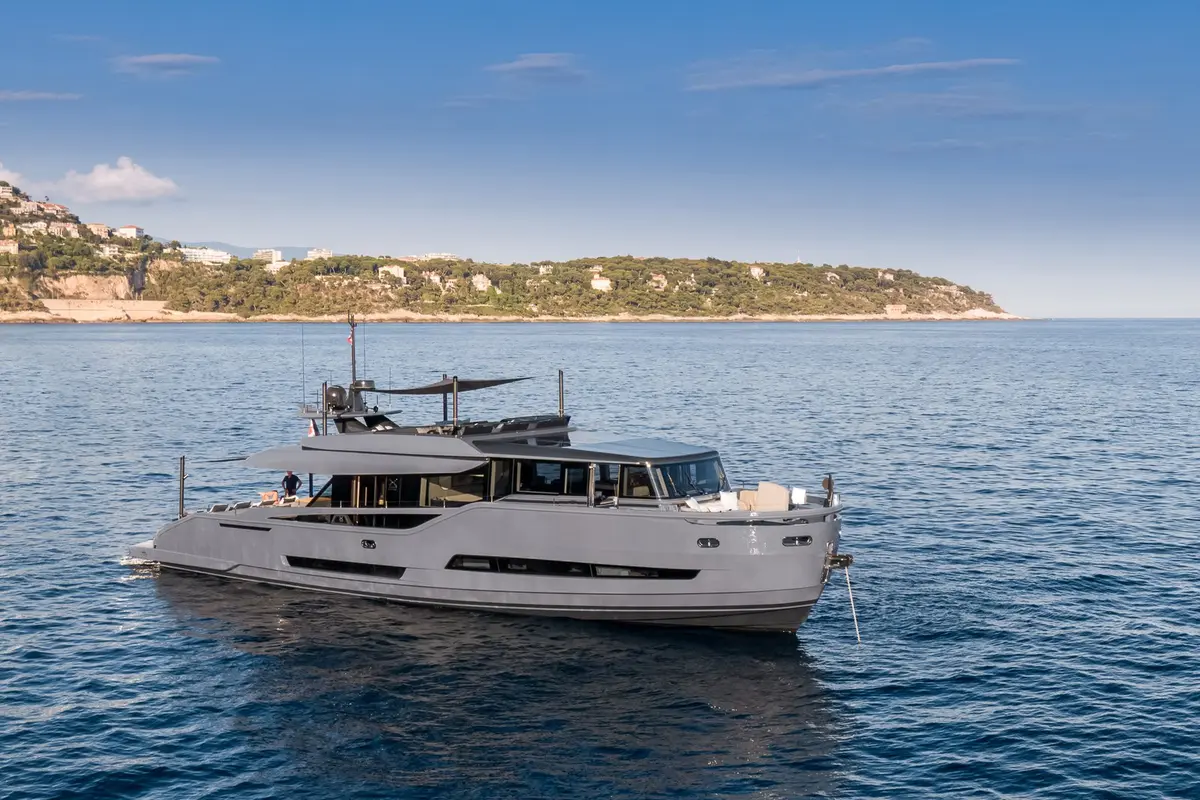 Extra 86, exterior — Mallorca Yachst Hire, Mallorca. Sleek Italian lines for sunset runs toward Illetes