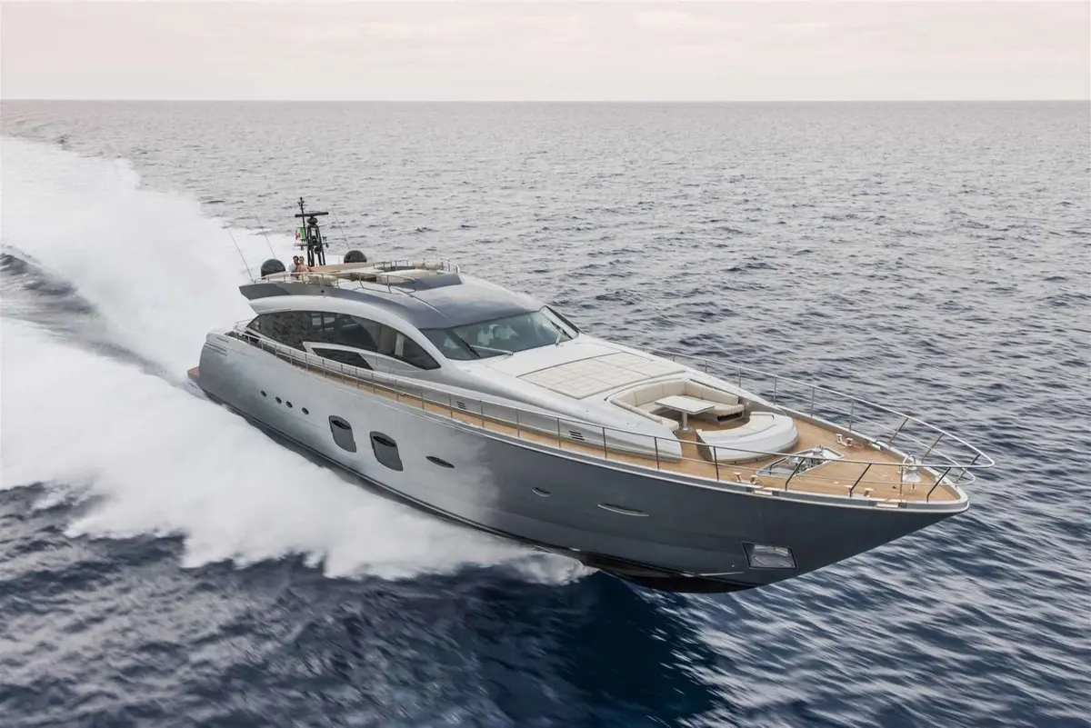 Mangusta 130, flybridge — Mallorca Yachst Hire, Mallorca. Open-water speed toward Cap de Formentor at dusk
