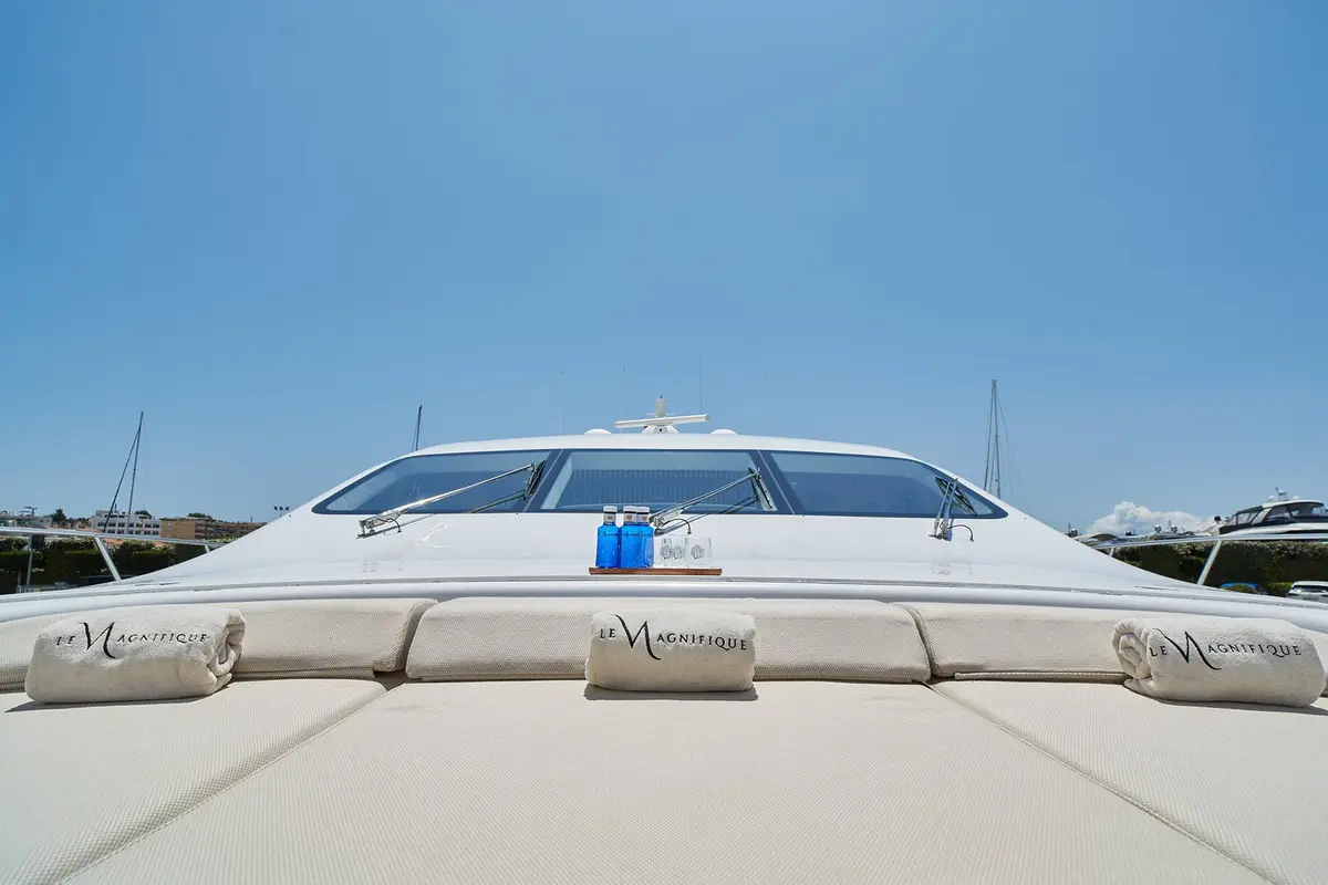 Mangusta 108, aft deck — Mallorca Yachst Hire, Mallorca. Fast coastal runs from Palma to Formentor's cliffs