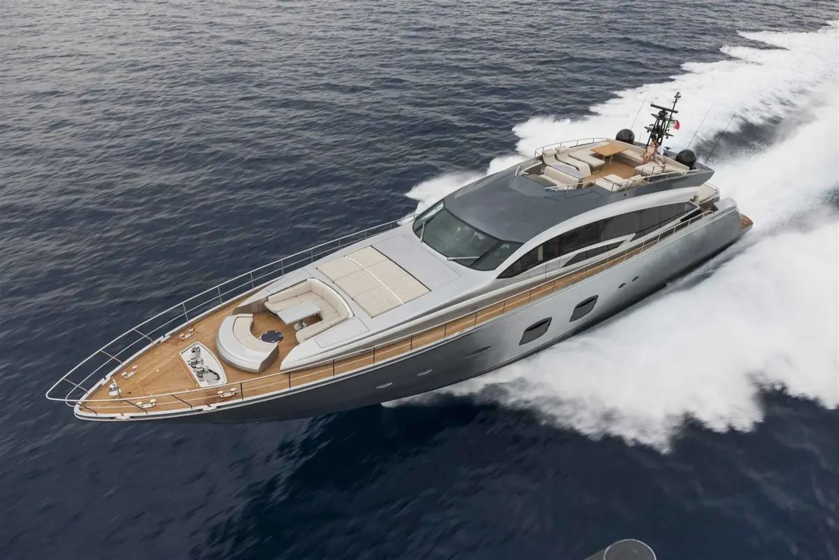 Pershing 108, aft deck — Mallorca Yachst Hire, Mallorca. Fast lines to Formentor, sunset spray on deck