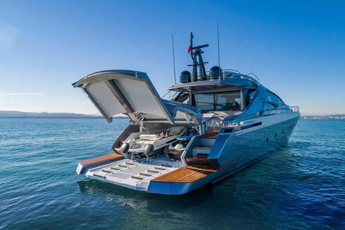 Pershing 8X, main deck — Mallorca Yachst Hire, Mallorca. Sleek 25m sport hull racing toward Illetes sunsets