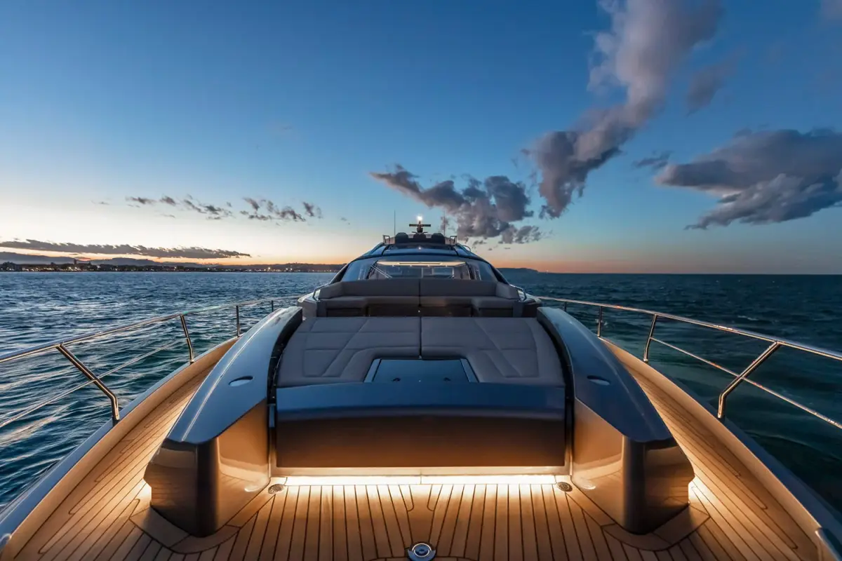 Pershing 8X, flybridge — Mallorca Yachst Hire, Mallorca. Sleek 25m sport hull racing toward Illetes sunsets