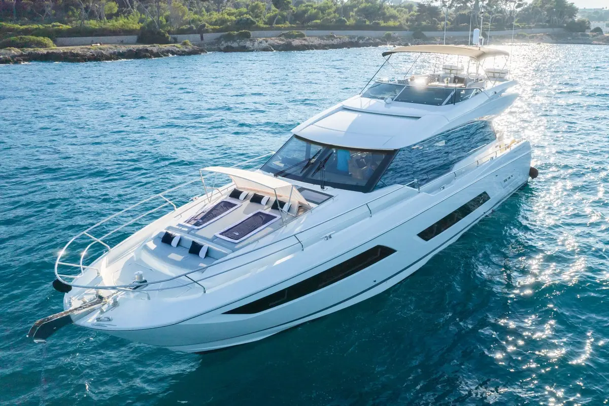 Prestige 680s, exterior — Mallorca Yachst Hire, Mallorca. Sunset runs along Illetes, sheltered decks all day
