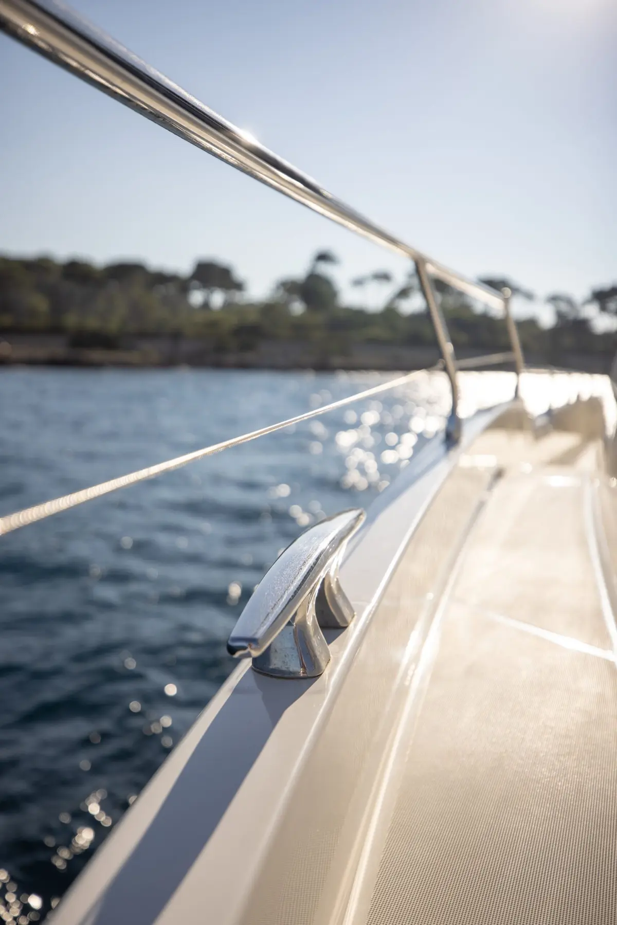 Prestige 680s, main deck — Mallorca Yachst Hire, Mallorca. Sunset runs along Illetes, sheltered decks all day