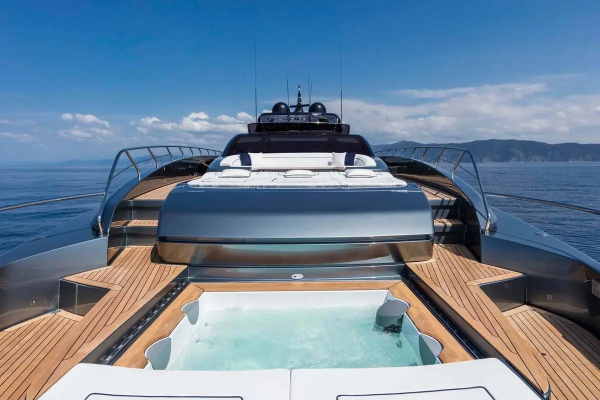 Riva 110, aft deck — Mallorca Yachst Hire, Mallorca. Sleek hull, quiet power, sunset runs toward Illetes