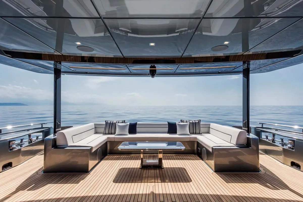 Riva 110, salon — Mallorca Yachst Hire, Mallorca. Sleek hull, quiet power, sunset runs toward Illetes