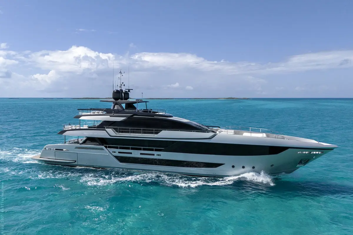Riva 130, exterior — Mallorca Yachst Hire, Mallorca. Forty metres tracing Formentor's cliffs at sunset