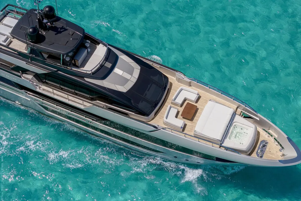 Riva 130, salon — Mallorca Yachst Hire, Mallorca. Forty metres tracing Formentor's cliffs at sunset