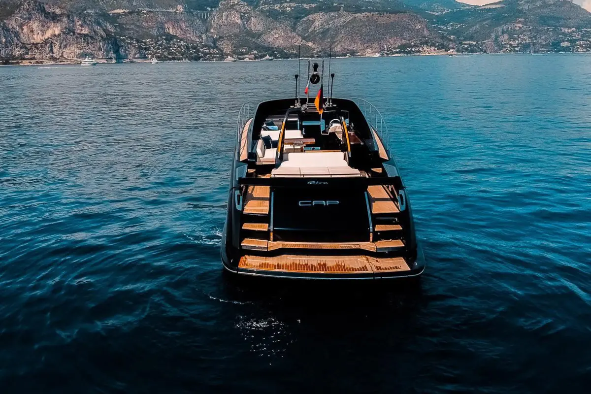 Riva 56 Rivale, aft deck — Mallorca Yachst Hire, Mallorca. Sleek Italian lines for sunset runs along Illetes