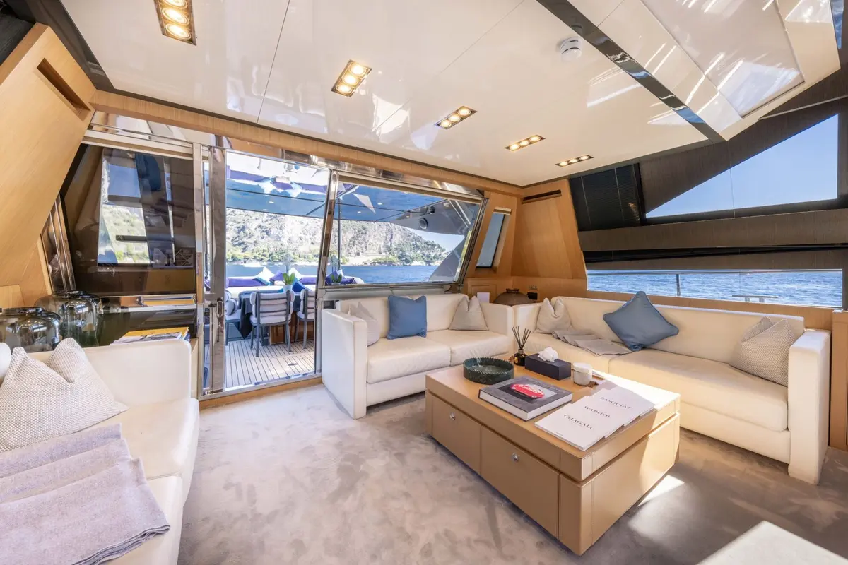 Riva 86 Domino, main deck — Mallorca Yachst Hire, Mallorca. Sleek Italian lines for Bay of Palma sunset runs