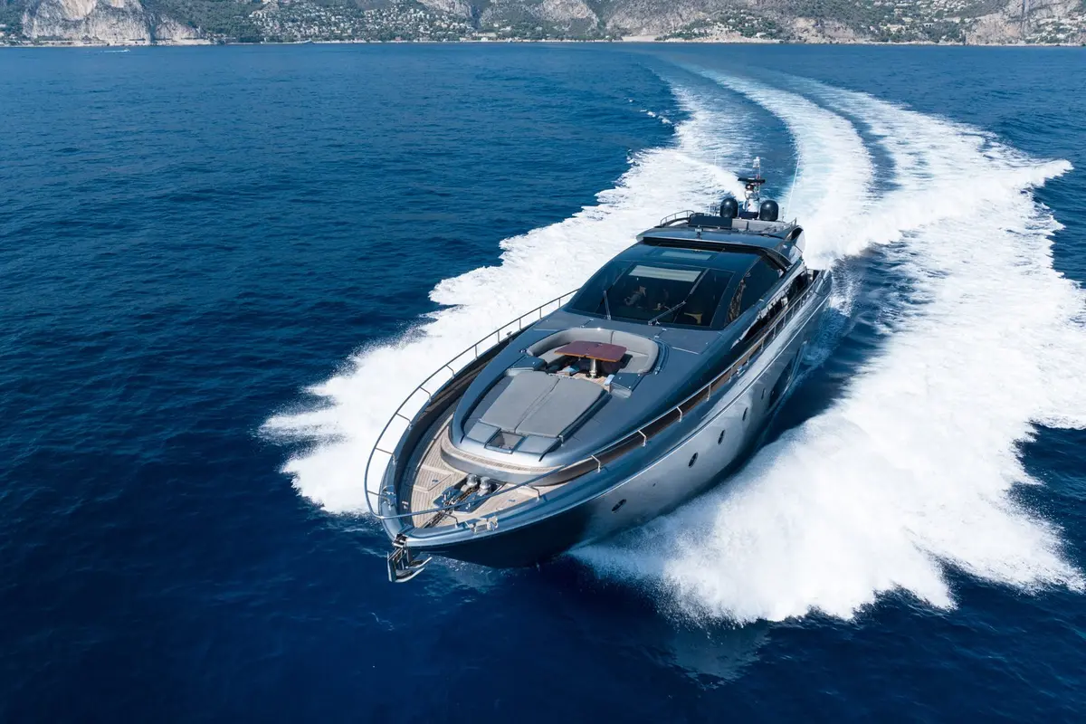 Riva 86 Domino, aft deck — Mallorca Yachst Hire, Mallorca. Sleek Italian lines for Bay of Palma sunset runs
