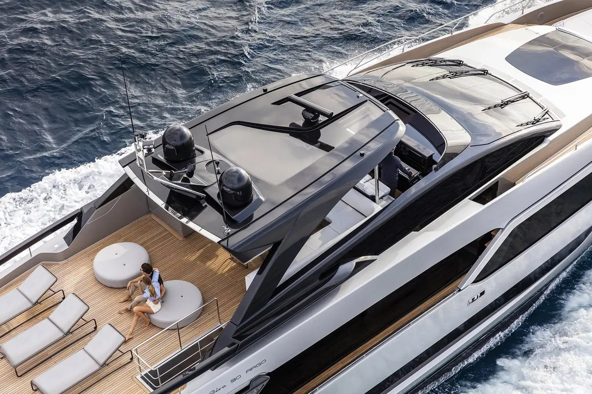Riva 90, aft deck — Mallorca Yachst Hire, Mallorca. Sleek Italian lines for sunset runs to Illetes