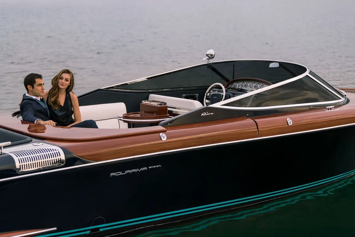 Riva Aquariva, main deck — Mallorca Yachst Hire, Mallorca. Sleek day cruising to Illetes before sunset