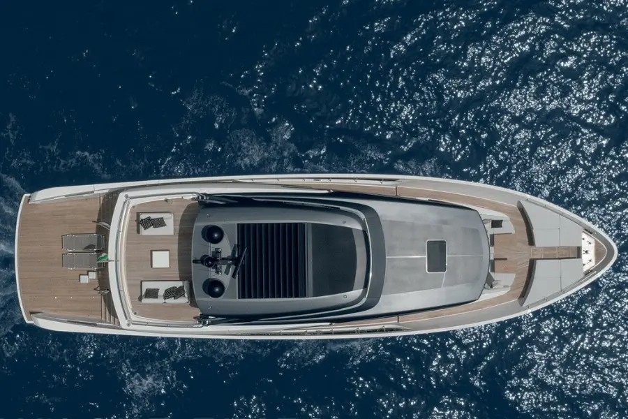 Sanlorenzo 112, main deck — Mallorca Yachst Hire, Mallorca. Formentor cliffs at sunrise, thirty-four metres of ease