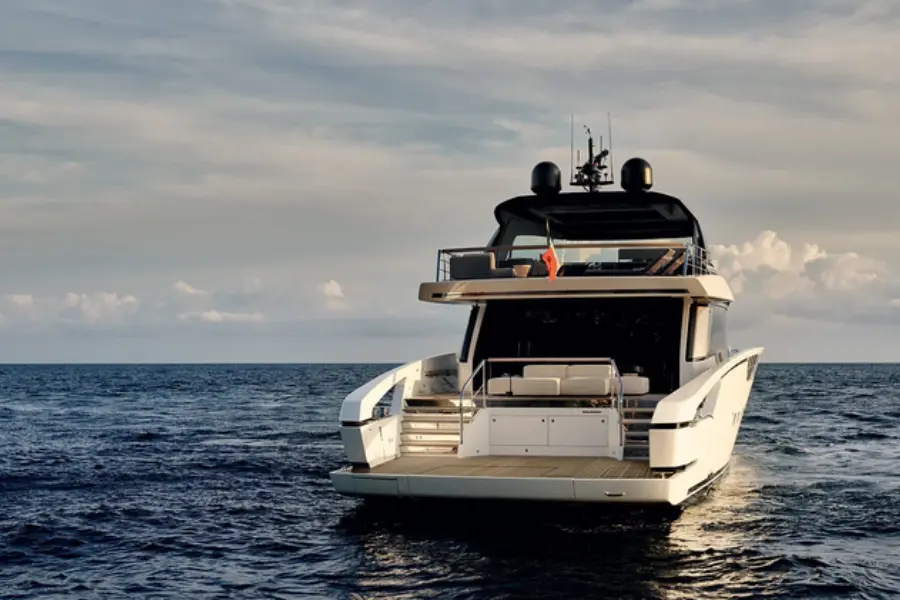 Sanlorenzo 112, aft deck — Mallorca Yachst Hire, Mallorca. Formentor cliffs at sunrise, thirty-four metres of ease