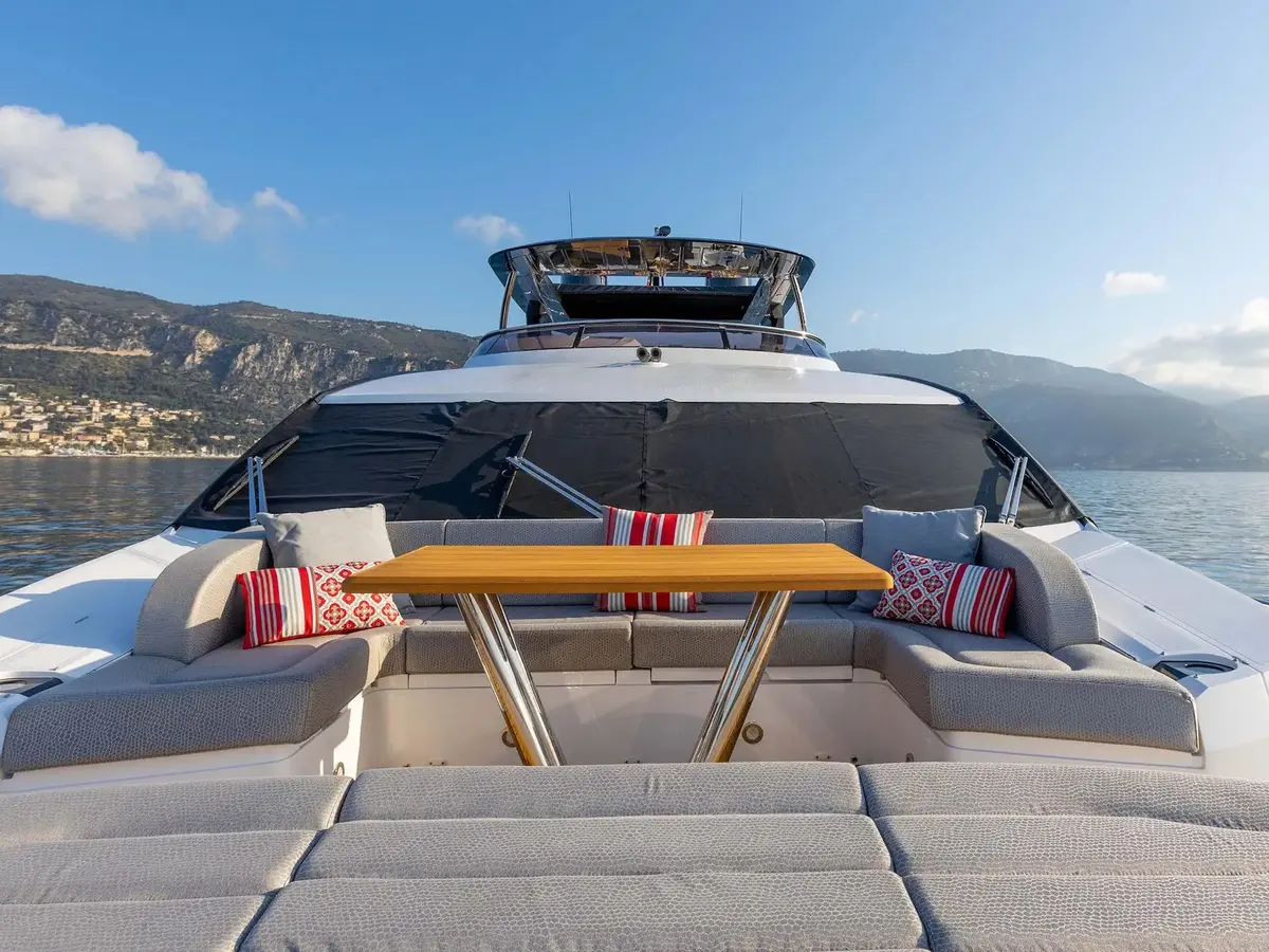 Sunseeker 86, flybridge — Mallorca Yachst Hire, Mallorca. Sunset runs from Palma toward Illetes, unhurried