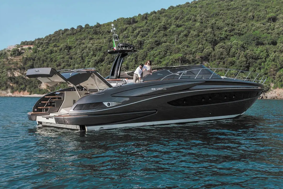 Virtus 63, aft deck — Mallorca Yachst Hire, Mallorca. Sleek lines racing toward Illetes at golden hour